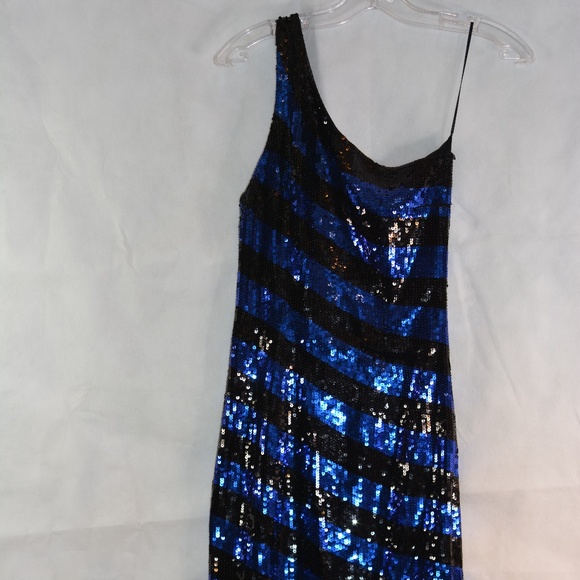 BLue Black Striped Sequin One Sholder Mini Dress Sz S BEDO - Picture 3 of 7